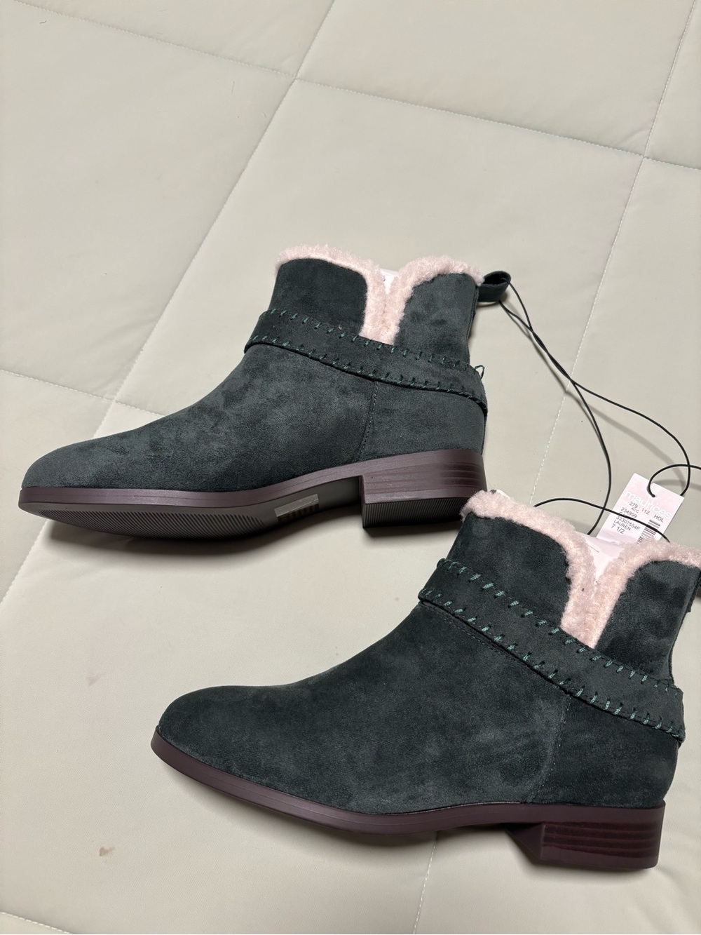 Maurices Dark Green Suede Ankle Boots with Pink Plush Lining